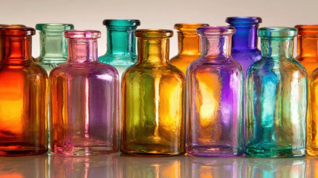 A row of colorful glass bottles with different shades of green, yellow, and orange. The bottles are arranged in a line, with some overlapping each other. Scene is vibrant and cheerful