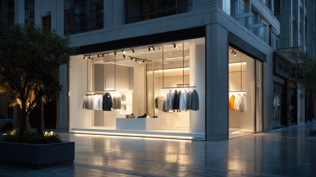 A store front with a white sign that says "Clothes". The store is lit up and has a modern look