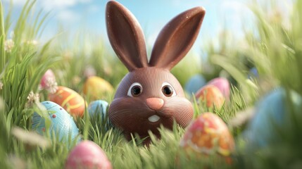 A playful brown bunny sits in lush green grass surrounded by vibrant Easter eggs of various colors and designs. The scene captures the joyful spirit of the spring holiday.
