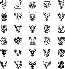 Collection of 35 Animal Head Icons Outline Style, Wildlife Mammals and Farm Animals Graphic Symbols Set