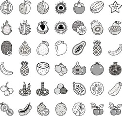 Assortment of Hand-Drawn Exotic Fruits and Berries Collection Vector Icons Set, Illustrated Delicious Variety