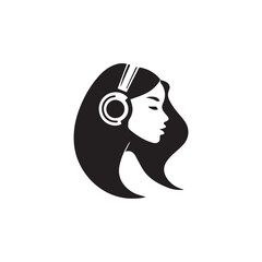 Black Vector Illustration of Woman Wearing Headphone in Clean Minimal Style on White Background