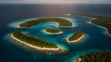 Spectacular high-angle aerial view of a lushly forested tropical island featuring a striking curved coastline and vibrant turquoise shallow water over the underlying coral reef. Travel and nature conc