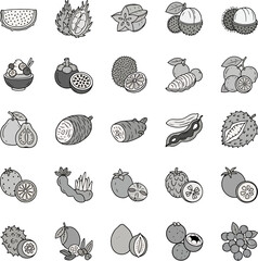 Assortment of Tropical Fruits Collection Vector Icons, Exotic Fruit Assortment, Fresh Fruit Variety, Healthy Food Icons