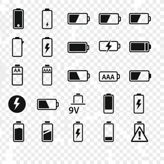 Collection of Battery Icons and Symbols Representing Power Charge Levels and Types AA AAA 9V Lightning Bolt