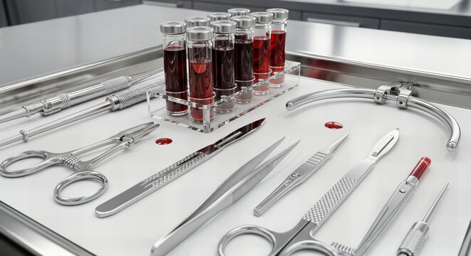 Close-up of surgical instruments, blood vials, and drops on a sterile metal tray, suggesting a medical or forensic procedure.