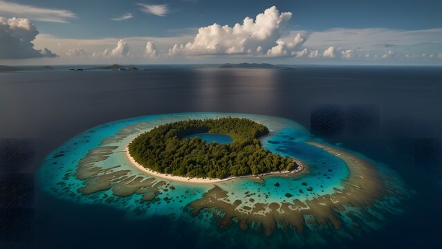 Spectacular high-angle aerial view of a lushly forested tropical island featuring a striking curved coastline and vibrant turquoise shallow water over the underlying coral reef. Travel and nature conc - Powered by Adobe
