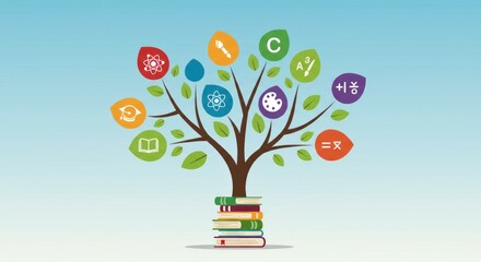 Knowledge tree with icons representing different subjects and books.
