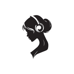 Black Vector Illustration of Woman Wearing Headphone in Clean Minimal Style on White Background