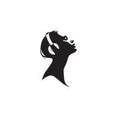 Black Vector Illustration of Woman Wearing Headphone in Clean Minimal Style on White Background