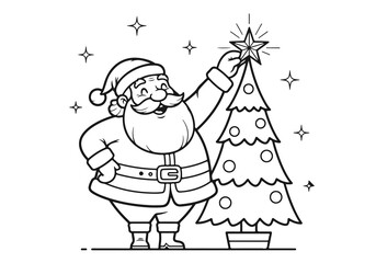 A cheerful Santa Claus is decorating a Christmas tree with a star, perfect for a holiday coloring book illustration for kids