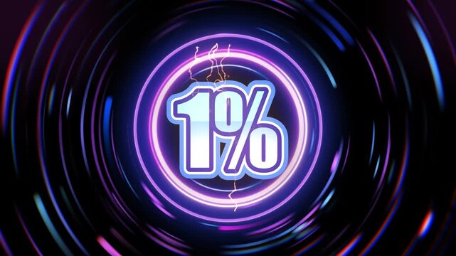 One percent symbol glowing with neon lights in a circular vortex on a dark abstract background