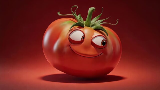 A smiling cartoon tomato on a red background