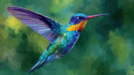 A vibrant hummingbird with striking colors hovers near flowers in a lush garden. The sunlight enhances its iridescent feathers showcasing bright blues and reds.