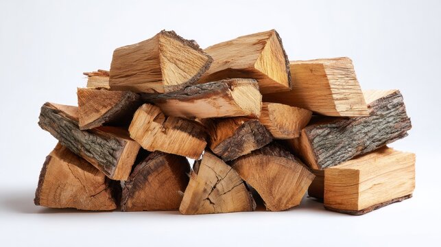 A pile of wood logs stacked on top of each other. The wood is brown and has a rustic appearance. The pile is large and takes up most of the image