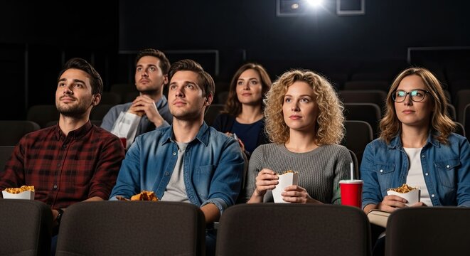 Diverse Group of Friends Enjoying a Movie Night at the Cinema Together