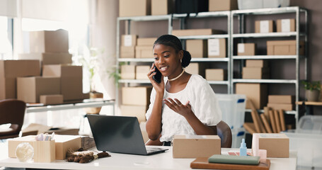Happy, phone call and woman with laptop, distribution and communication with supplier for...
