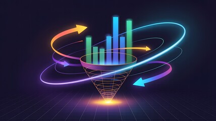 Abstract digital data visualization with neon arrows and futuristic bar chart on dark background