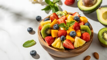 Vibrant and refreshing bowl of mixed fresh fruit salad with avocado and berries on a white surface