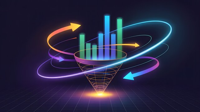 Abstract digital data visualization with neon arrows and futuristic bar chart on dark background