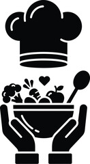 Hands holding bowl of healthy food with chef hat above black silhouette