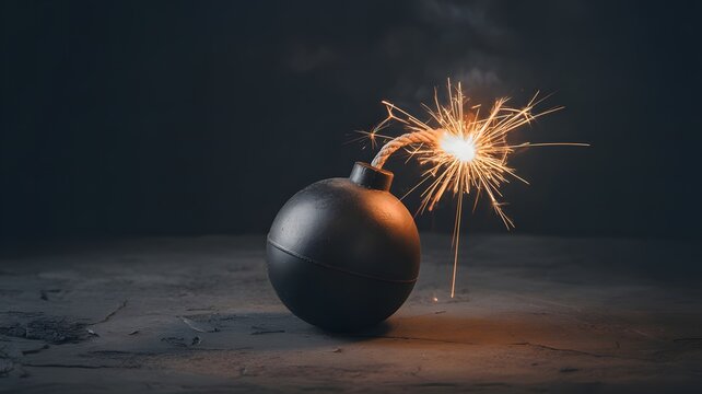 A dark bomb with a lit sparkler attached to its fuse creating a bright explosion of light