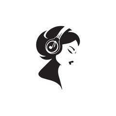 Black Vector Illustration of Woman Wearing Headphone in Clean Minimal Style on White Background