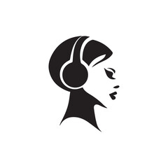 Black Vector Illustration of Woman Wearing Headphone in Clean Minimal Style on White Background