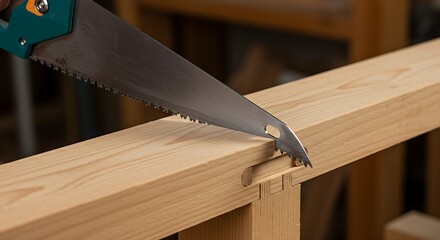 a hand-held saw cutting a tenon on a piece of wood, with a focus on the precision of the cut and the resulting joint.