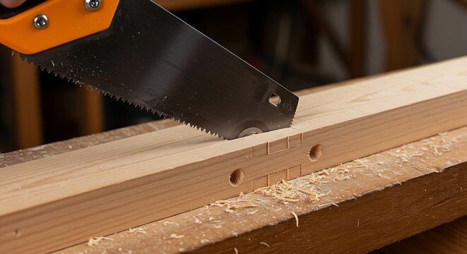 a hand-held saw cutting a tenon on a piece of wood, with a focus on the precision of the cut and the resulting joint.