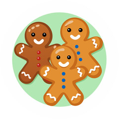 Gingerbread men in white plate on green background. Top view. Vector cartoon illustration of christmas food. stock illustration , white background 