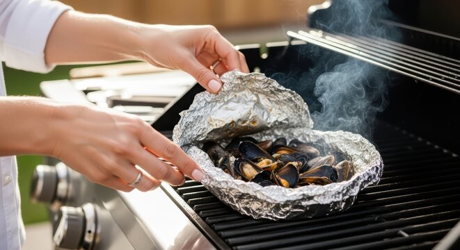 Caucasian female grilling mussels in foil on outdoor bbq grill