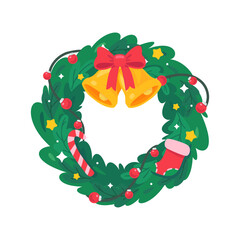 Festive Christmas Wreath Illustration with Bells, Candy Cane, and Stocking
