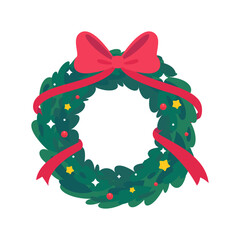 Festive Christmas Wreath with Red Ribbon and Ornaments
