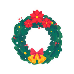 Festive Christmas Wreath with Poinsettias, Berries, and Golden Bells