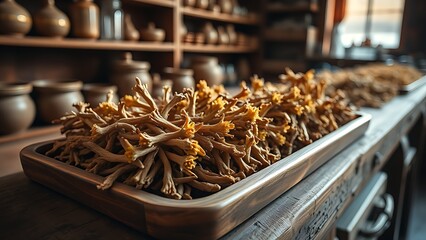 rhodiola. Dried rhodiola roots arranged on a rustic wooden tray in a traditional pharmacy setting. menu design, packaging mockups, designed for culinary blogs and recipe cards for restaurants.