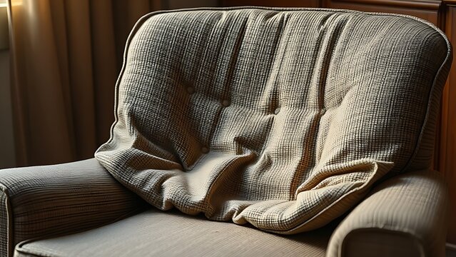 ableism. An old fabric armchair with a sagging seat cushion in warm light. lifestyle magazines, social media lookbooks, designed for lifestyle magazines and social media content, drives engagement.
