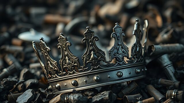infamy. A damaged crown lies discarded amidst waste, its metallic surface catching dramatic light. event programs, museum guides, designed for cultural heritage projects and event programs.