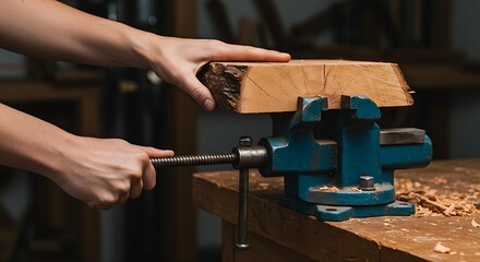 a hand-powered workbench vise gripping a large piece of raw timber, with a hand tightening the screw handle.