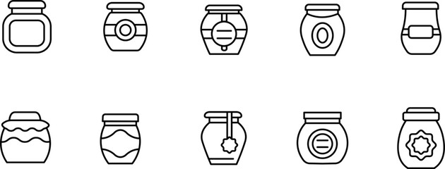 Outline icon set of various jars and storage containers in simple line style for labeling and UI design.