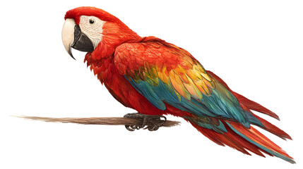Fototapeta premium Image of colorful parrot on white background. Pet. Wildlife AnimalsScarlet macaw perched on a tree branch set against an artistic, colorful tropical background 
