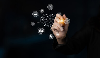 A visual of artificial intelligence network connecting AI, network, and system across a structured...