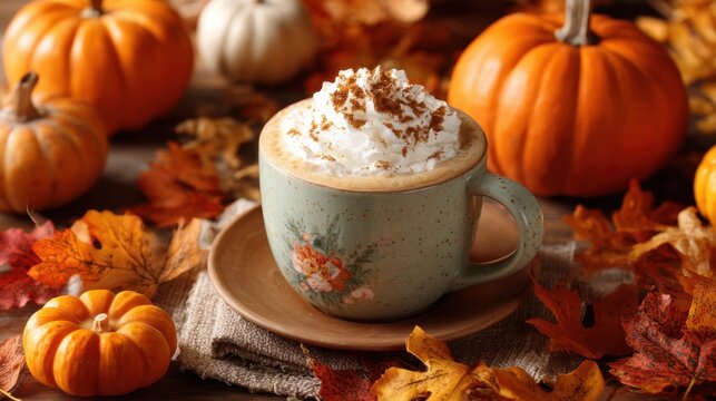 A mug of coffee with whipped cream on a table with fall leaves and pumpkins. Scene is cozy and warm, perfect for a chilly fall day - Powered by Adobe