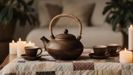 Fototapeta premium Cozy Tea Ceremony with Candles and Plants.
