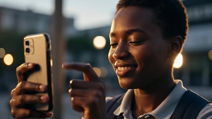 Young woman enjoys evening chat on smartphone in urban setting - Powered by Adobe