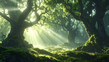 Enchanting Forest Scene with Sunbeams and Lush Greenery.