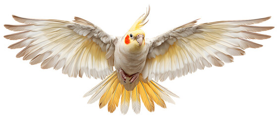 a beautiful cockatiel flying isolated on white background with its wings spreadEagle flying on white background 