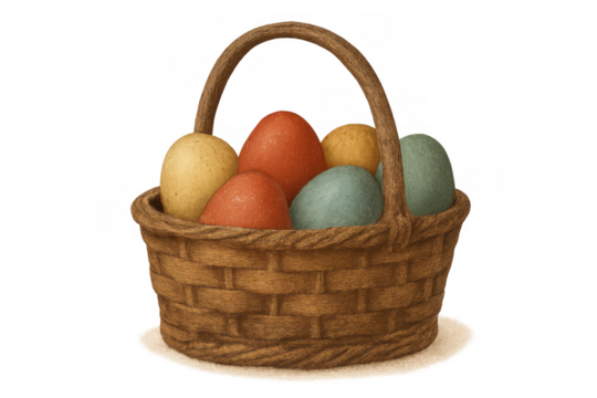 Easter eggs filling a woven basket, celebrating spring holiday traditions and new beginnings with transparent background
