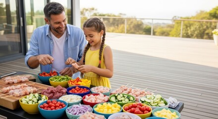 Naklejka premium Caucasian male adult and child preparing colorful outdoor barbecue on deck