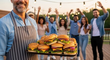 Cheerful group celebrates with a barbecue featuring smiling adult male chef holding burgers